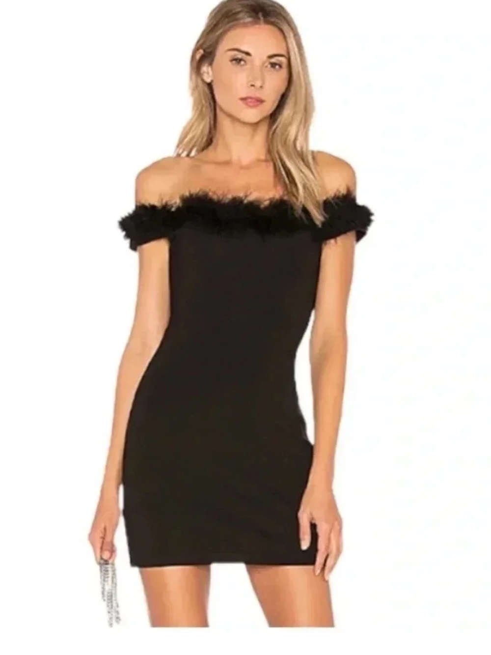 Revolve NBD Marisol Off-Shoulder Feather Trim Mini Dress